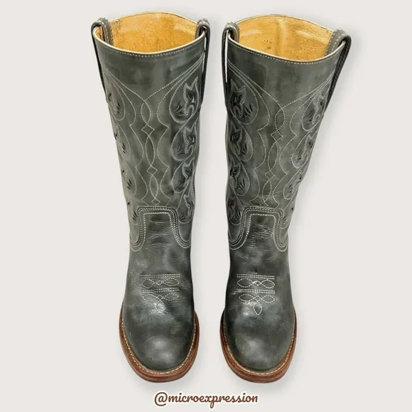 VINTAGE 1980 Frye Austin Campus Green-Blue Leather Floral Embroider Cowboy Boot - Picture 8 of 16